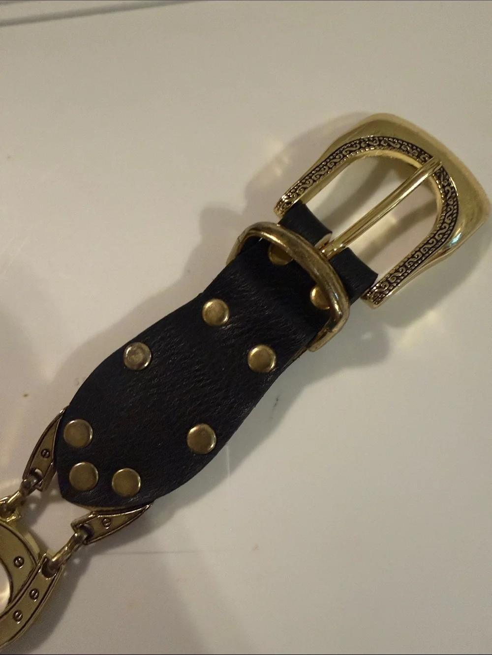 Black Leather Concho Belt Size 40 Gold Tone Studded Western Boho 44”